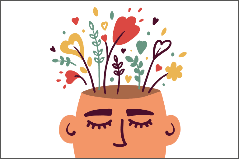 A drawing of a person with flowers in their head.